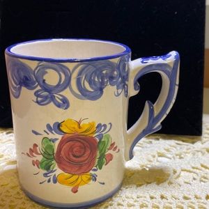 Hand painted in Portugal ceramic mug in white, blue, and florals